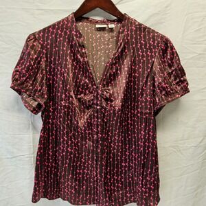 Cato Blouse Womens XL Brown Pink Polka Dot Striped Satin Ruched Hook Eye V-Neck
